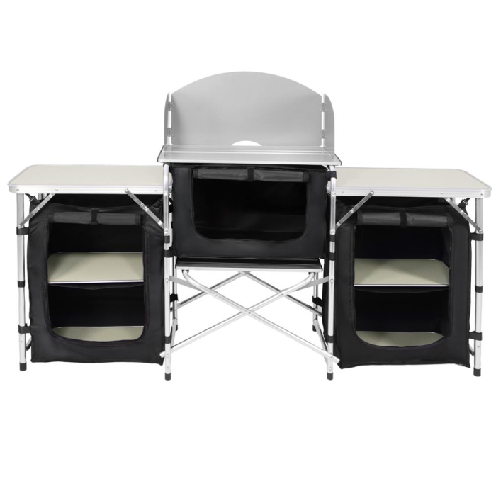 Bucatarie de camping pliabila cu 3 blaturi MDF, cadru aluminiu, portabila pentru exterior, 175x45x110 cm, gri [10]