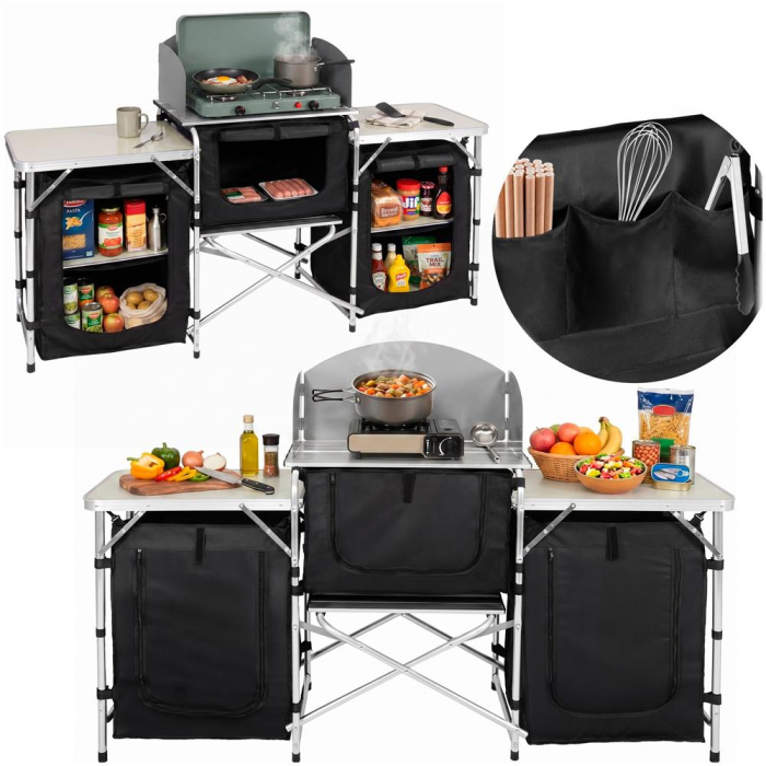Bucatarie de camping pliabila cu 3 blaturi MDF, cadru aluminiu, portabila pentru exterior, 175x45x110 cm, gri [4]