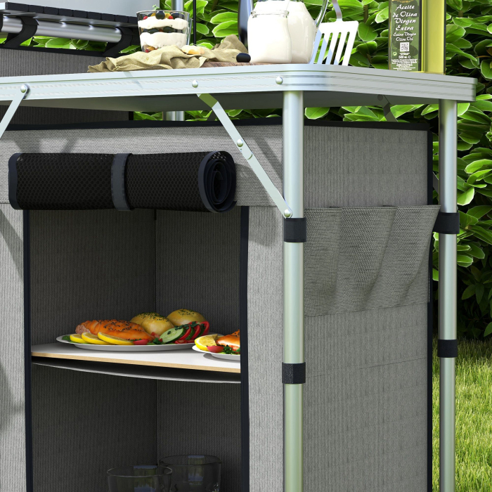  Bucatarie de Camping Pliabila cu 3 Niveluri, 5 Rafturi Interioare si 4 Carlige, 172x48x119 cm, Gri si Argintiu [9]
