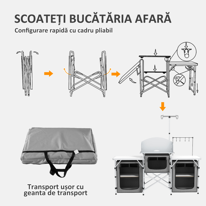  Bucatarie de Camping Pliabila cu 3 Niveluri, 5 Rafturi Interioare si 4 Carlige, 172x48x119 cm, Gri si Argintiu [6]