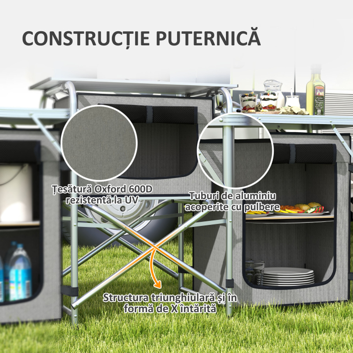  Bucatarie de Camping Pliabila cu 3 Niveluri, 5 Rafturi Interioare si 4 Carlige, 172x48x119 cm, Gri si Argintiu [7]