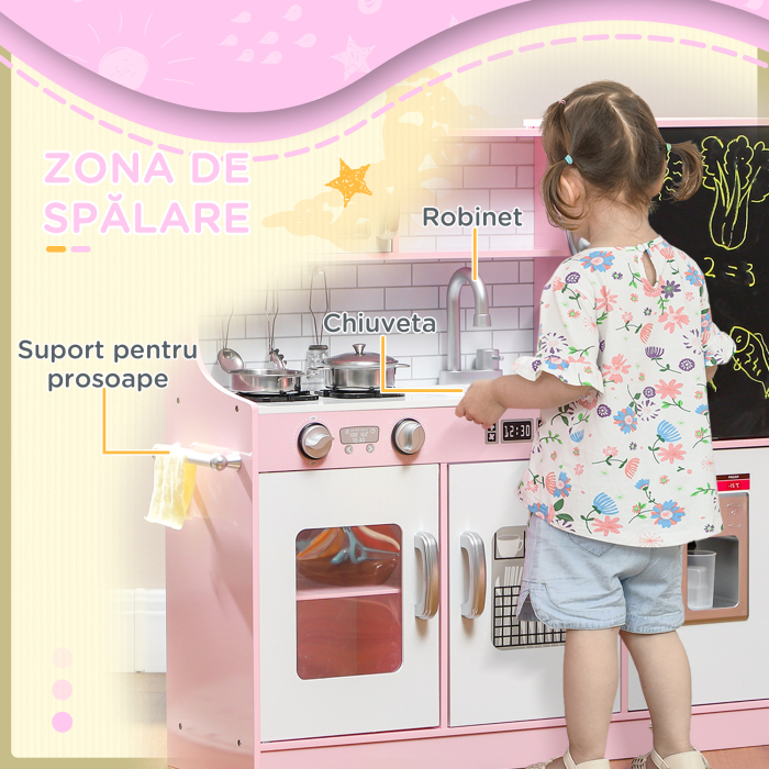  Bucatarie de Jucarie din Lemn pentru Copii 3-8 Ani cu Accesorii Roz [6]