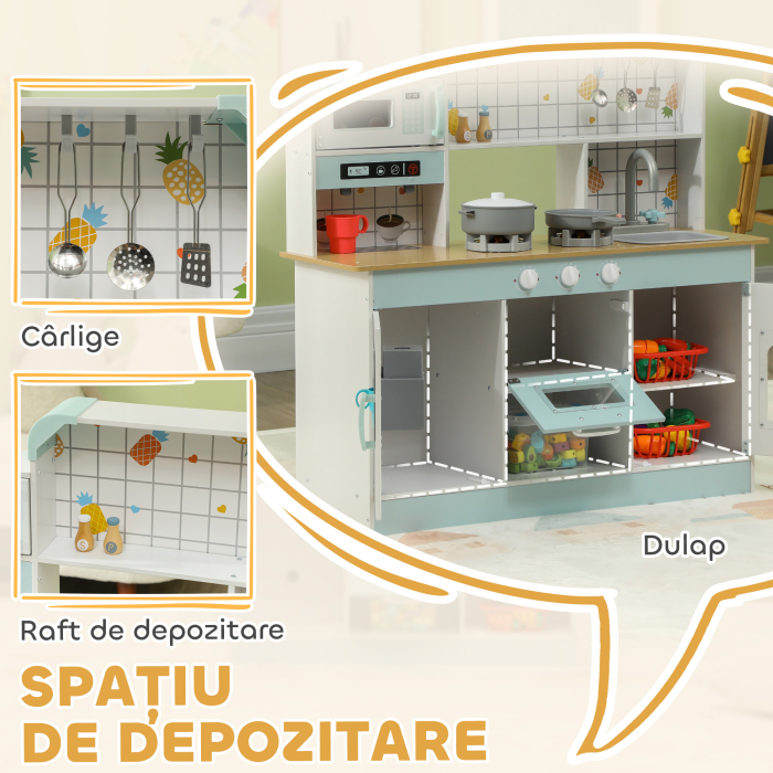  Bucatarie de Jucarie pentru Copii 3+ Ani din Lemn, Aragaz Interactiv, Cuptor si Masina de Cafea, Alb [7]