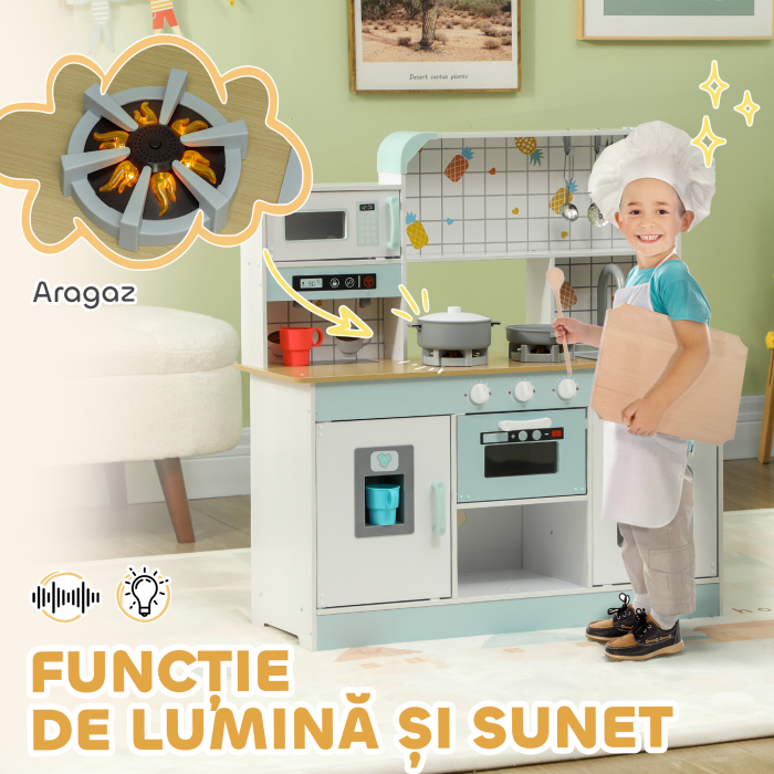  Bucatarie de Jucarie pentru Copii 3+ Ani din Lemn, Aragaz Interactiv, Cuptor si Masina de Cafea, Alb [4]