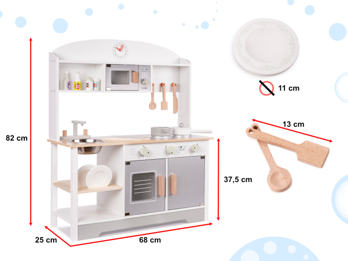 Bucatarie din lemn pentru copii cu accesorii, MDF si lemn, 68x25x82 cm, gri si alb [4]