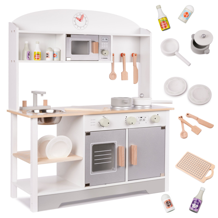 Bucatarie din lemn pentru copii cu accesorii, MDF si lemn, 68x25x82 cm, gri si alb [2]