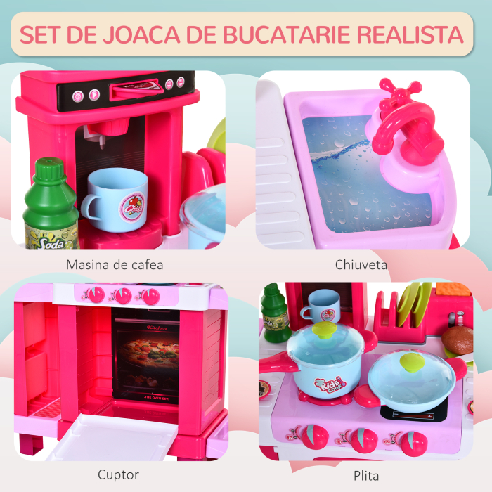  Bucatarie Jucarie pentru Copii cu 38 Accesorii Incluse , Jucarie cu Lumini si Sunete Realistice, 78x29x87cm,Roz [5]