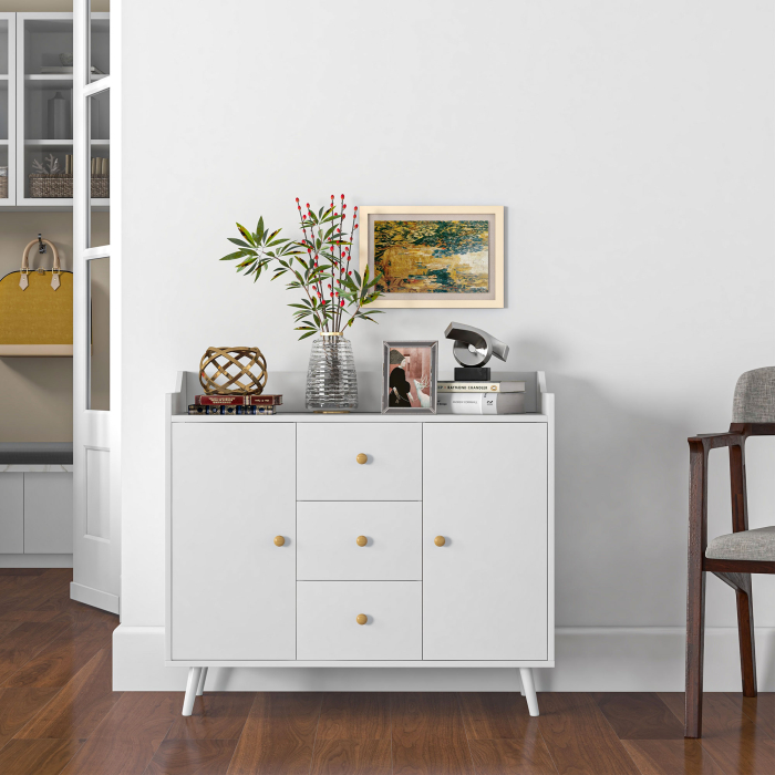  Bufet 90×80 cm - Alb, PAL & Lemn de Pin, Design Elegant [7]
