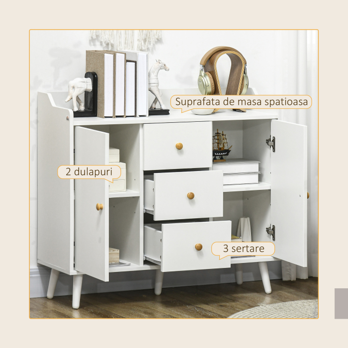  Bufet 90×80 cm - Alb, PAL & Lemn de Pin, Design Elegant [4]