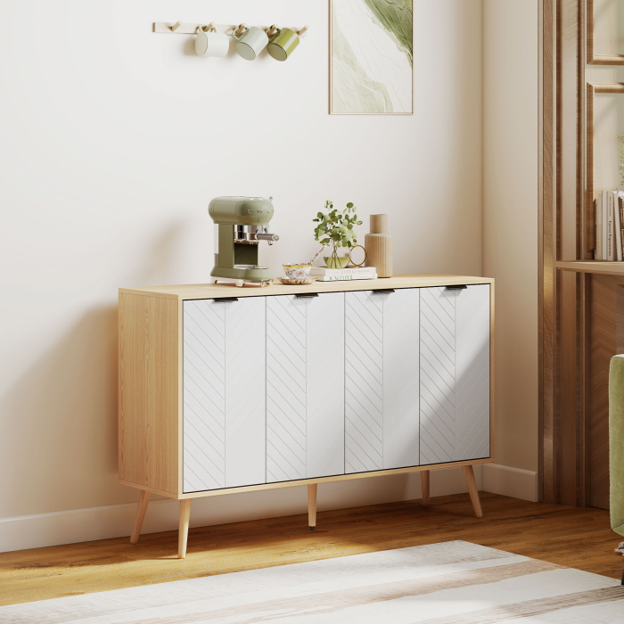  Bufet Bucatarie, Mobilier Bucatarie cu Rafturi Reglabile si Picioare din Lemn de Pin, Bufet Modern pentru Living, Sufragerie, Bucatarie, 120x35x77.4cm, Natur si Alb [8]