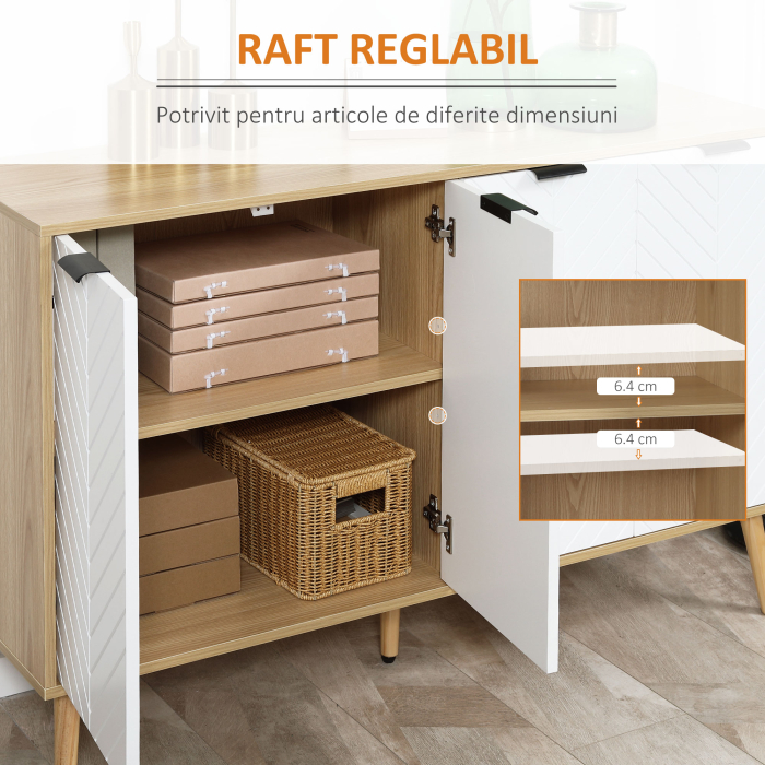  Bufet Bucatarie, Mobilier Bucatarie cu Rafturi Reglabile si Picioare din Lemn de Pin, Bufet Modern pentru Living, Sufragerie, Bucatarie, 120x35x77.4cm, Natur si Alb [6]