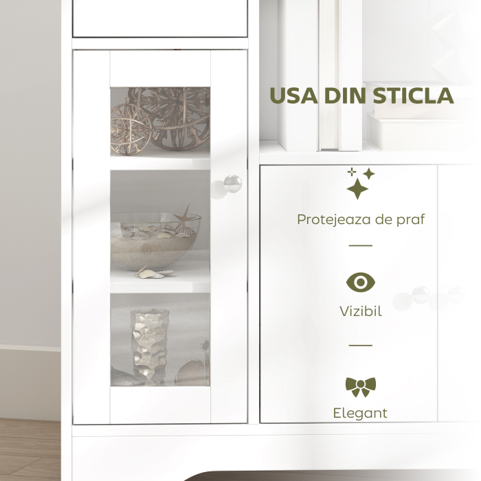  Bufet cu Compartiment Deschis, Sertar, 3 Rafturi si Dulap cu 2 Usi, din Lemn, 80x30x82 cm, Alb [6]