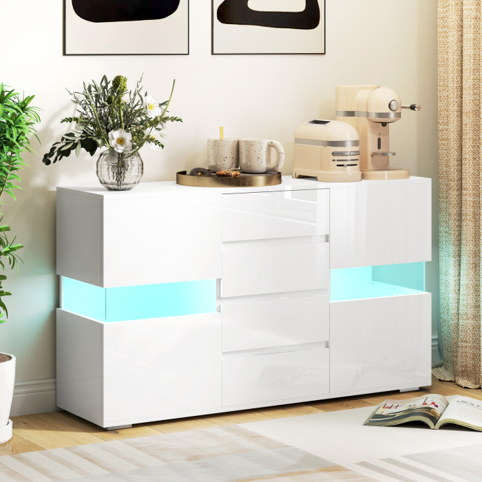  Bufet cu Lumini LED Reglabile prin Telecomanda, Mobilier de Sufragerie cu 4 Sertare si 2 Dulapuri, 120x34x70 cm, Alb [2]
