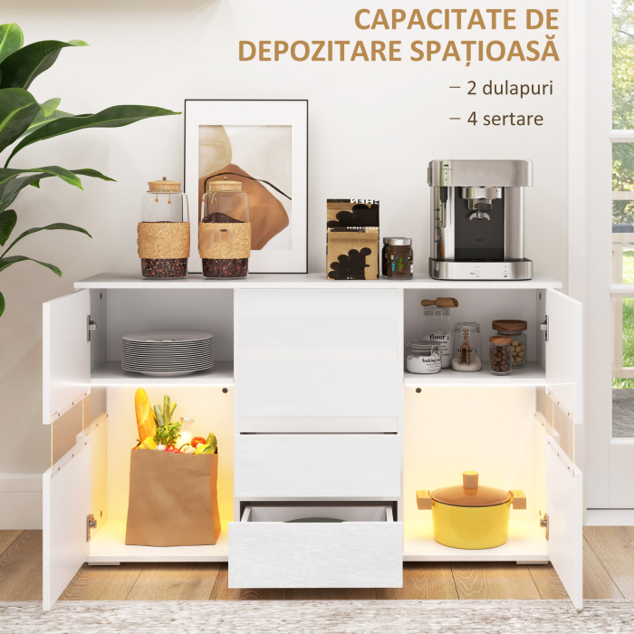  Bufet cu Lumini LED Reglabile prin Telecomanda, Mobilier de Sufragerie cu 4 Sertare si 2 Dulapuri, 120x34x70 cm, Alb [4]