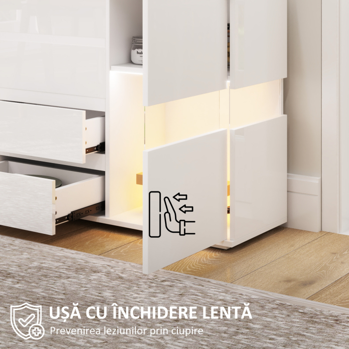  Bufet cu Lumini LED Reglabile prin Telecomanda, Mobilier de Sufragerie cu 4 Sertare si 2 Dulapuri, 120x34x70 cm, Alb [6]