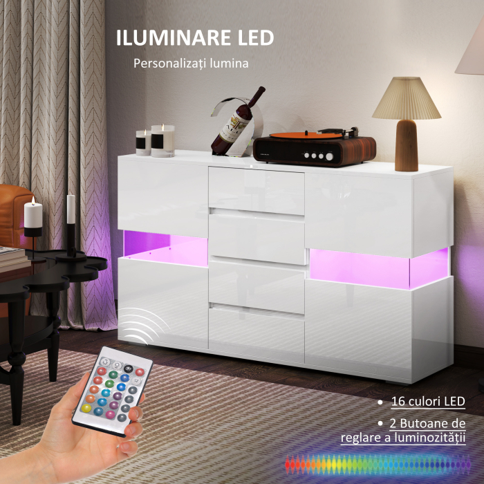  Bufet cu Lumini LED Reglabile prin Telecomanda, Mobilier de Sufragerie cu 4 Sertare si 2 Dulapuri, 120x34x70 cm, Alb [5]