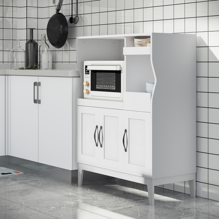  Bufet de Bucatarie cu 2 Dulapuri, Sertar si Rafturi Extensibile pentru Cuptor cu Microunde, 84x39x109 cm, Alb [2]