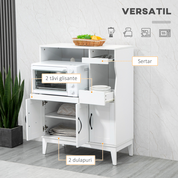 Bufet de Bucatarie cu 2 Dulapuri, Sertar si Rafturi Extensibile pentru Cuptor cu Microunde, 84x39x109 cm, Alb [4]