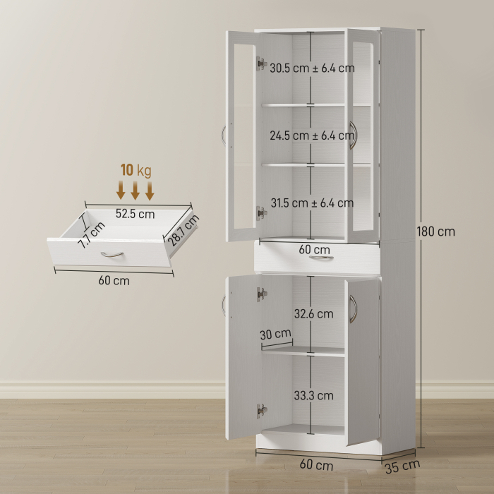  Bufet de Bucatarie cu 2 Dulapuri si un Sertar, Rafturi Reglabile si Usi din Sticla, 60x35x180 cm, Alb [3]