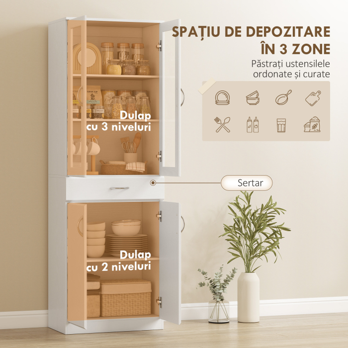  Bufet de Bucatarie cu 2 Dulapuri si un Sertar, Rafturi Reglabile si Usi din Sticla, 60x35x180 cm, Alb [4]