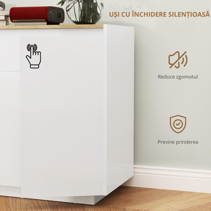  Bufet de Bucatarie cu 3 Dulapuri si 4 Usi cu ichidere Lina, Mobilier Modern cu Sertar, 140x40x75 cm, Alb [5]