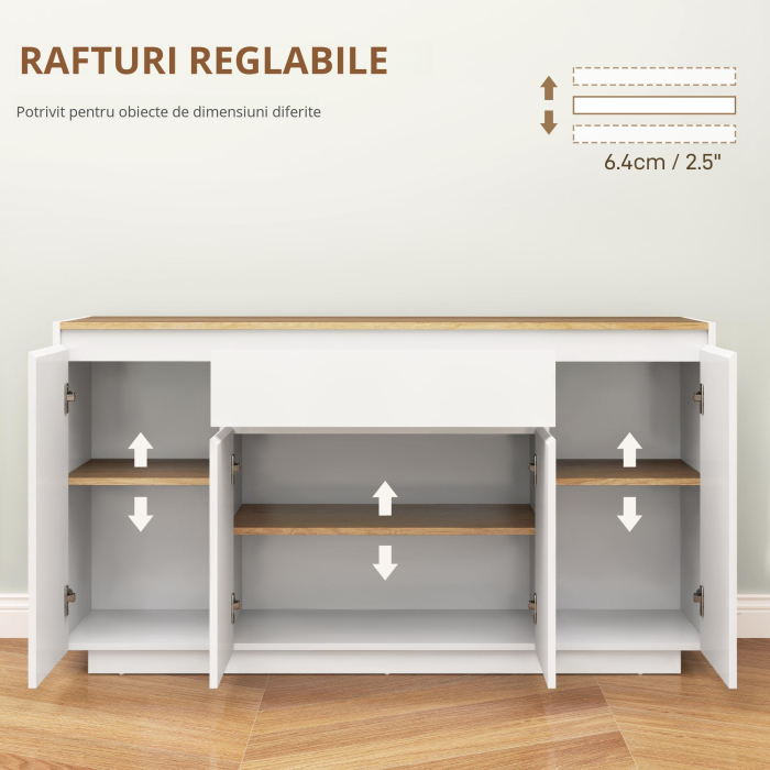 Bufet de Bucatarie cu 3 Dulapuri si 4 Usi cu ichidere Lina, Mobilier Modern cu Sertar, 140x40x75 cm, Alb [7]