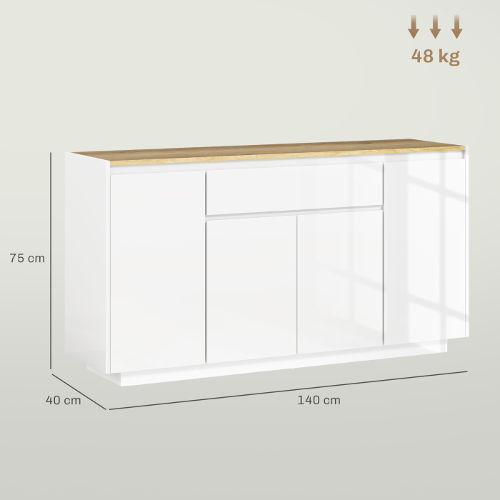  Bufet de Bucatarie cu 3 Dulapuri si 4 Usi cu ichidere Lina, Mobilier Modern cu Sertar, 140x40x75 cm, Alb [3]