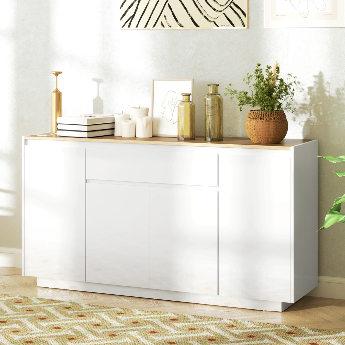  Bufet de Bucatarie cu 3 Dulapuri si 4 Usi cu ichidere Lina, Mobilier Modern cu Sertar, 140x40x75 cm, Alb [2]