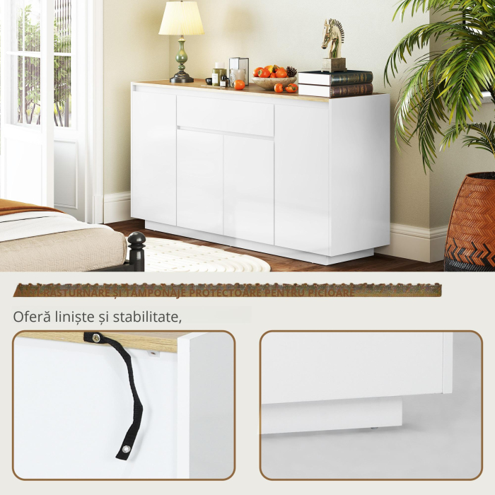  Bufet de Bucatarie cu 3 Dulapuri si 4 Usi cu ichidere Lina, Mobilier Modern cu Sertar, 140x40x75 cm, Alb [4]
