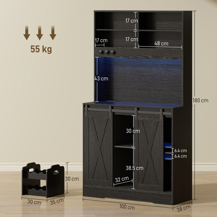  Bufet de Bucatarie cu Suport pentru Sticle, Priza si Iluminare LED, Negru [3]