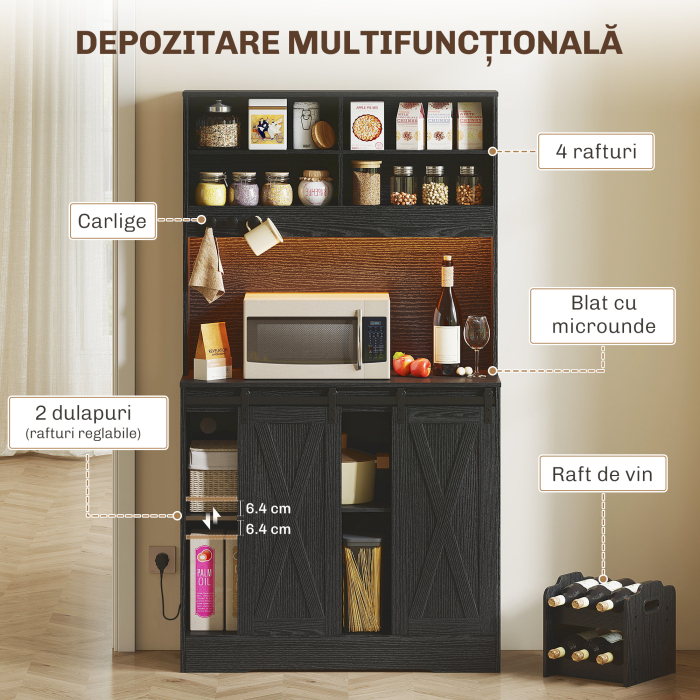  Bufet de Bucatarie cu Suport pentru Sticle, Priza si Iluminare LED, Negru [4]