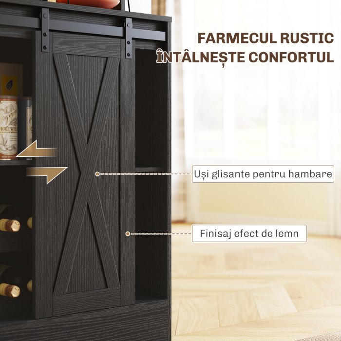  Bufet de Bucatarie cu Suport pentru Sticle, Priza si Iluminare LED, Negru [7]