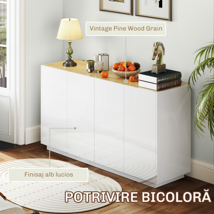  Bufet de Bucatarie cu Usi Amortizate si Rafturi Reglabile, pentru Sufragerie sau Living, 140x40x75 cm, Alb Lucios [6]