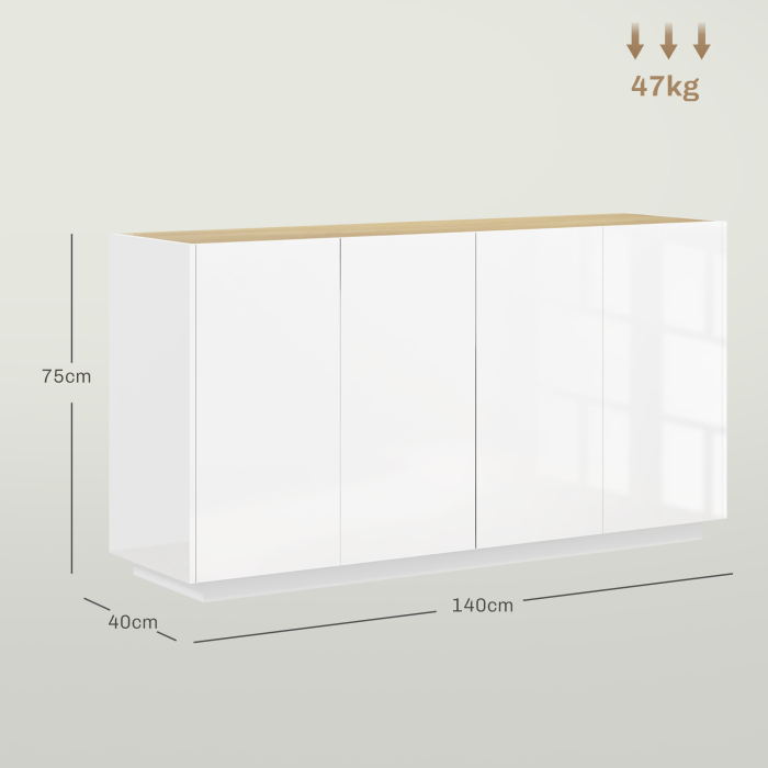  Bufet de Bucatarie cu Usi Amortizate si Rafturi Reglabile, pentru Sufragerie sau Living, 140x40x75 cm, Alb Lucios [3]