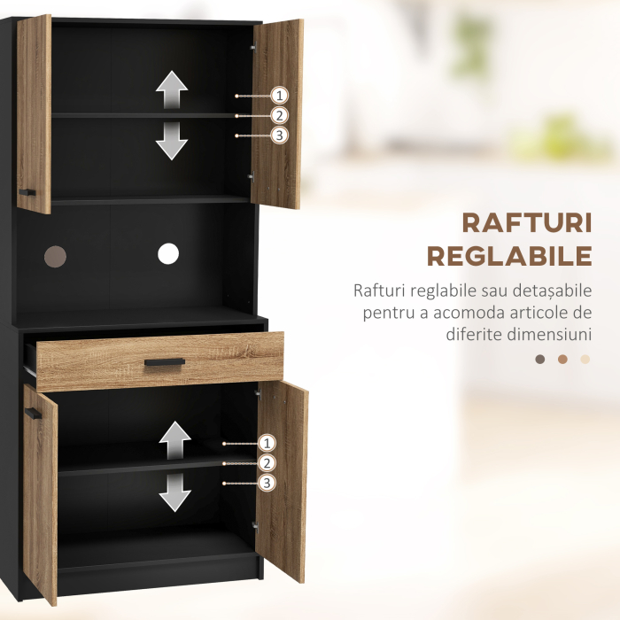  Bufet de Bucatarie din Lemn cu 2 Dulapuri cu Usi Duble si Sertar, 80x40x180 cm, Negru si culoare Lemn [5]