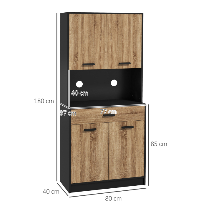  Bufet de Bucatarie din Lemn cu 2 Dulapuri cu Usi Duble si Sertar, 80x40x180 cm, Negru si culoare Lemn [3]