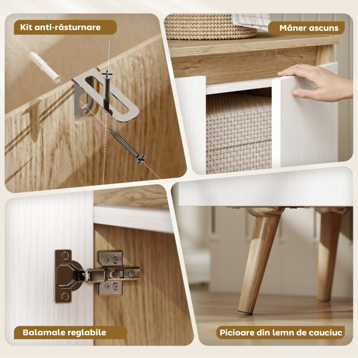  Bufet de Bucatarie, Mobilier de Bucatarie cu 3 Usi, Rafturi Reglabile si 5 Picioare din Lemn de Cauciuc, Stil Modern, Bufet pentru Living, Sufragerie, Alb si Stejar [7]