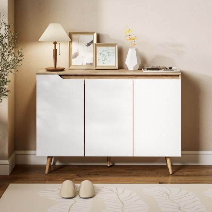  Bufet de Bucatarie, Mobilier de Bucatarie cu 3 Usi, Rafturi Reglabile si 5 Picioare din Lemn de Cauciuc, Stil Modern, Bufet pentru Living, Sufragerie, Alb si Stejar [9]