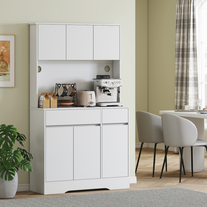  Bufet de Bucatarie Modern cu 4 Dulapuri, 2 Sertare si Rafturi Reglabile, 100x38x180 cm, Alb [8]