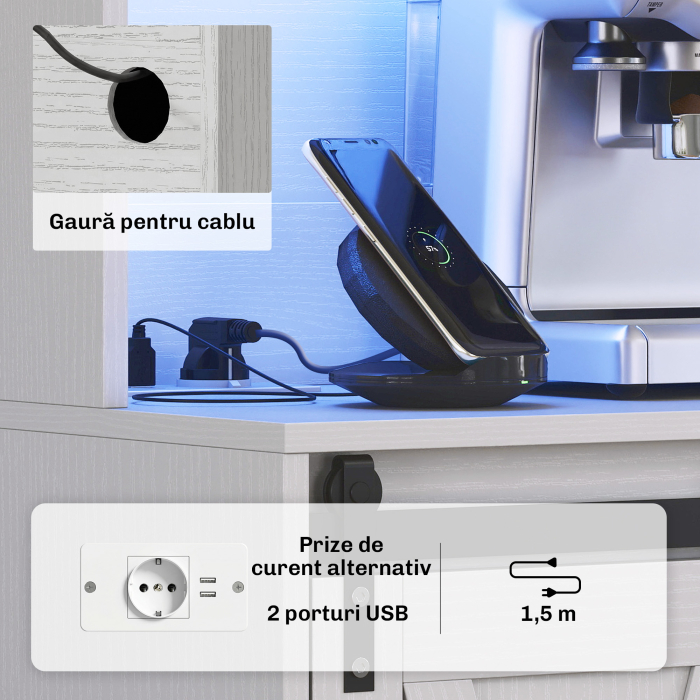  Bufet de Bucatarie Rustic 180cm, Dulap cu Priza de incarcare, Lumini LED, Suport pentru Sticle, Blat pentru Cuptor, Rafturi Deschise, Usi Glisante, Orificiu pentru Cabluri, Alb [5]