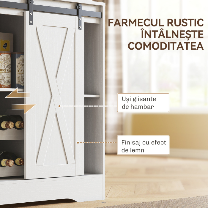  Bufet de Bucatarie Rustic 180cm, Dulap cu Priza de incarcare, Lumini LED, Suport pentru Sticle, Blat pentru Cuptor, Rafturi Deschise, Usi Glisante, Orificiu pentru Cabluri, Alb [7]
