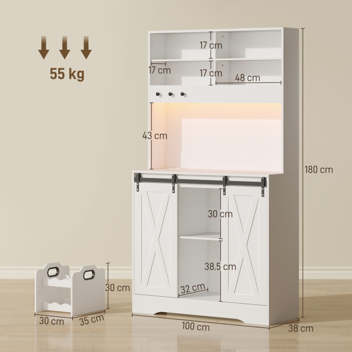  Bufet de Bucatarie Rustic 180cm, Dulap cu Priza de incarcare, Lumini LED, Suport pentru Sticle, Blat pentru Cuptor, Rafturi Deschise, Usi Glisante, Orificiu pentru Cabluri, Alb [3]