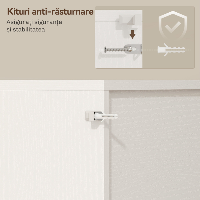  Bufet de Bucatarie Rustic 180cm, Dulap cu Priza de incarcare, Lumini LED, Suport pentru Sticle, Blat pentru Cuptor, Rafturi Deschise, Usi Glisante, Orificiu pentru Cabluri, Alb [8]