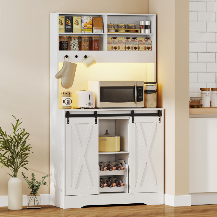  Bufet de Bucatarie Rustic 180cm, Dulap cu Priza de incarcare, Lumini LED, Suport pentru Sticle, Blat pentru Cuptor, Rafturi Deschise, Usi Glisante, Orificiu pentru Cabluri, Alb [2]