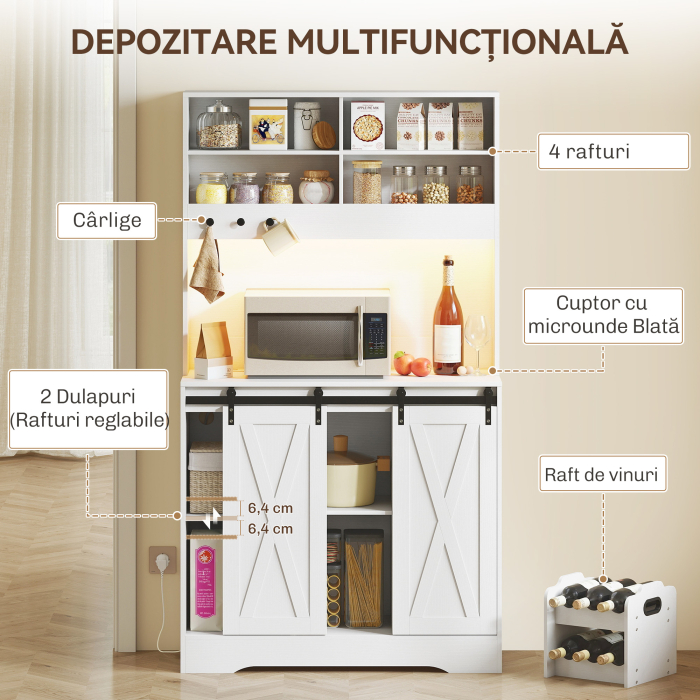 Bufet de Bucatarie Rustic 180cm, Dulap cu Priza de incarcare, Lumini LED, Suport pentru Sticle, Blat pentru Cuptor, Rafturi Deschise, Usi Glisante, Orificiu pentru Cabluri, Alb [4]