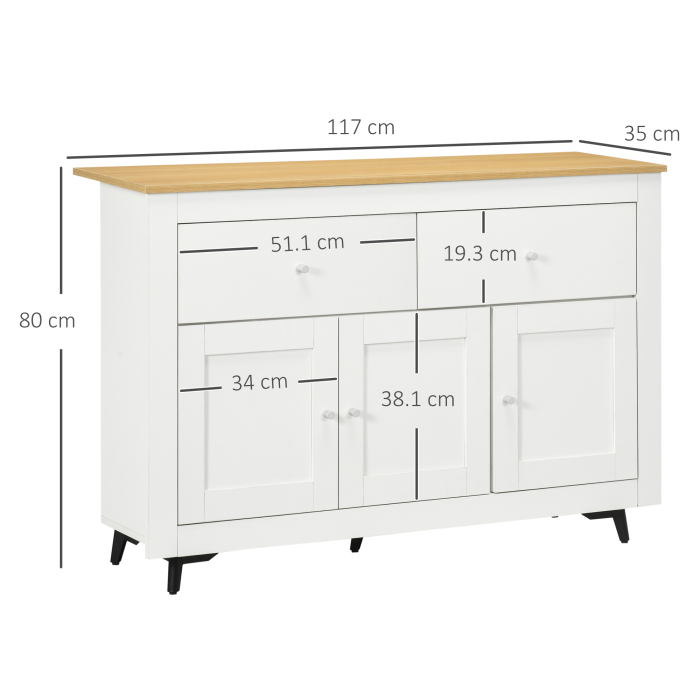  Bufet din Lemn cu 2 Sertare si 2 Dulapuri, 117x35x80 cm, Alb si Finisaj Lemn [3]