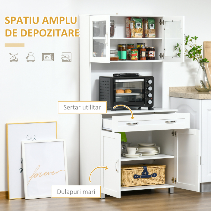  Bufet inalt de Bucatarie cu Raft pentru Cuptor, Sertar, Usi de Sticla si Rafturi Reglabile, 80x48x170 cm, Alb [4]
