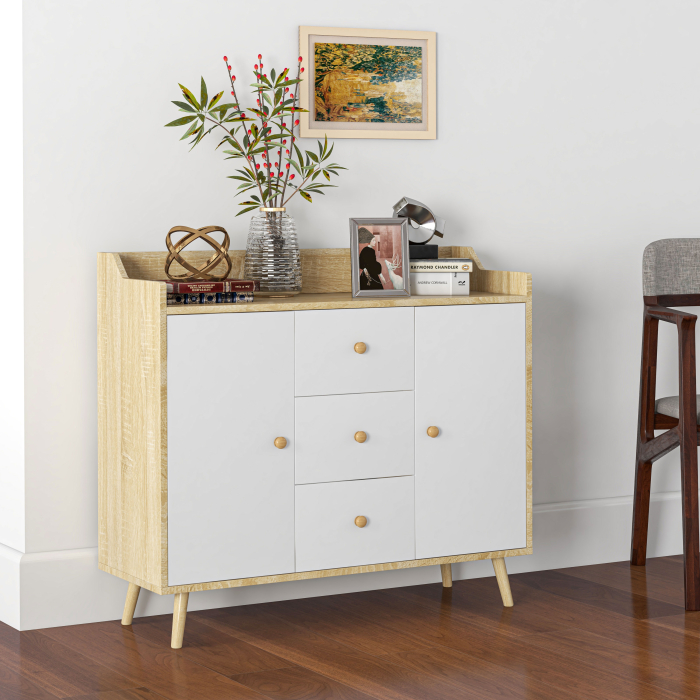  Bufet Modern din PAL si Lemn de di Pin cu 3 Sertare si 2 Dulapioare cu 2 Niveluri, 90x32x80 cm, Alb si Lemn Natur [2]