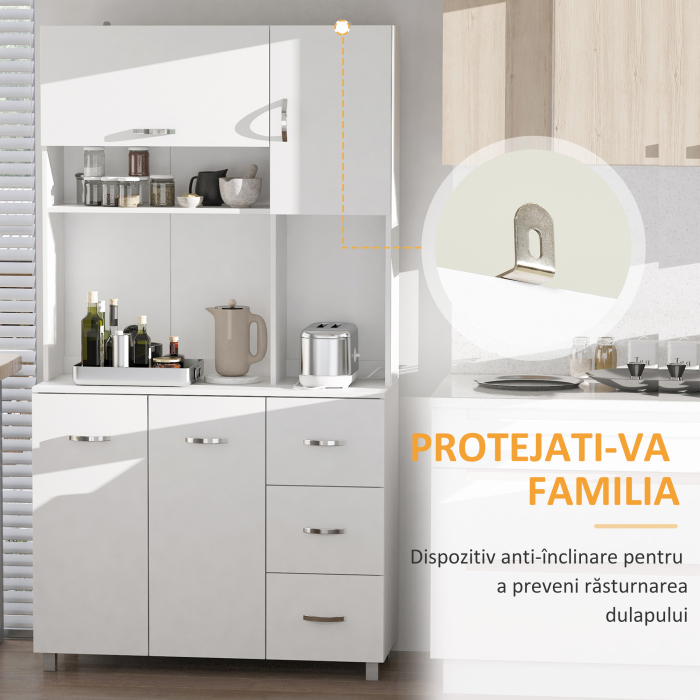  Bufet Modern pentru Bucatarie cu Sertare, Dulapuri si Rafturi Deschise, 100x39.5x183.5cm, Alb [7]