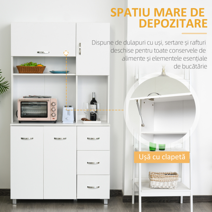  Bufet Modern pentru Bucatarie cu Sertare, Dulapuri si Rafturi Deschise, 100x39.5x183.5cm, Alb [4]